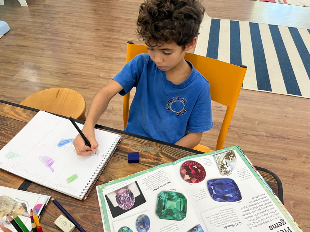 Aluno do Fundamental desenhando pedras preciosas observando as imagens de um livro
