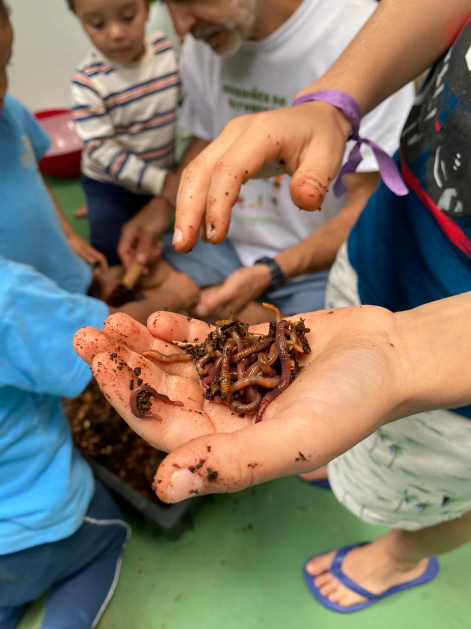 Mão cheia de minhocas tiradas do minhocário, com as crianças em volta observando